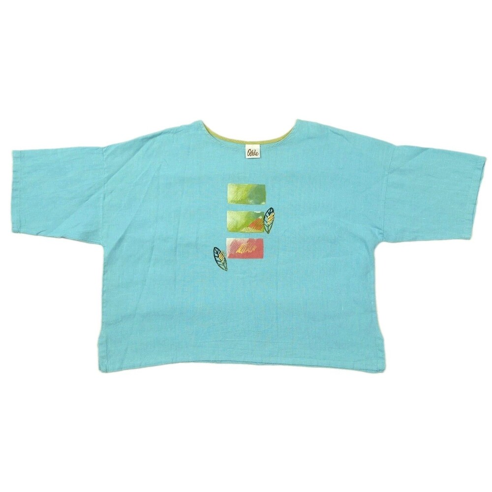 Odile Boxy Linen Top M Blue Oversized Colorful Artsy Leaf Graphic Resortwear